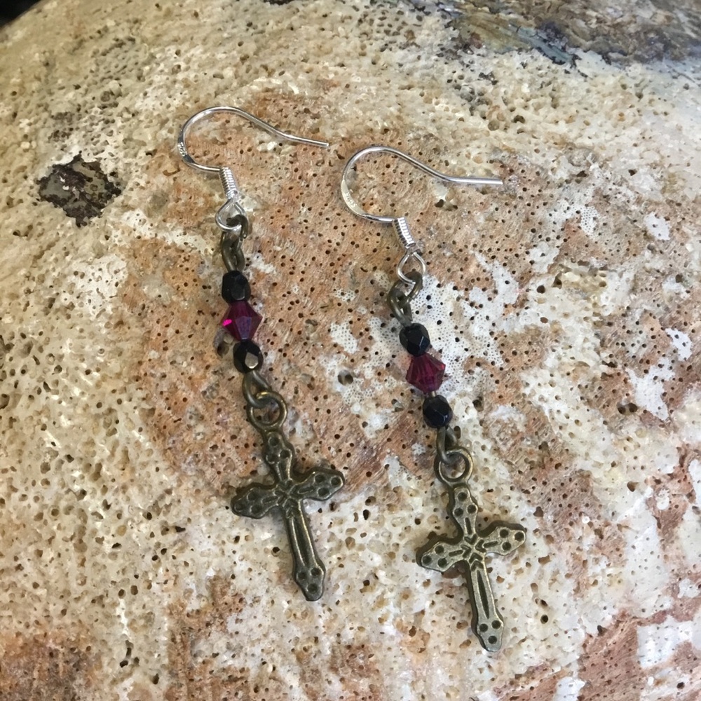 Gothic Brass Cross Dangle Earrings with Red & Black Crystals - Edgy Jewelry